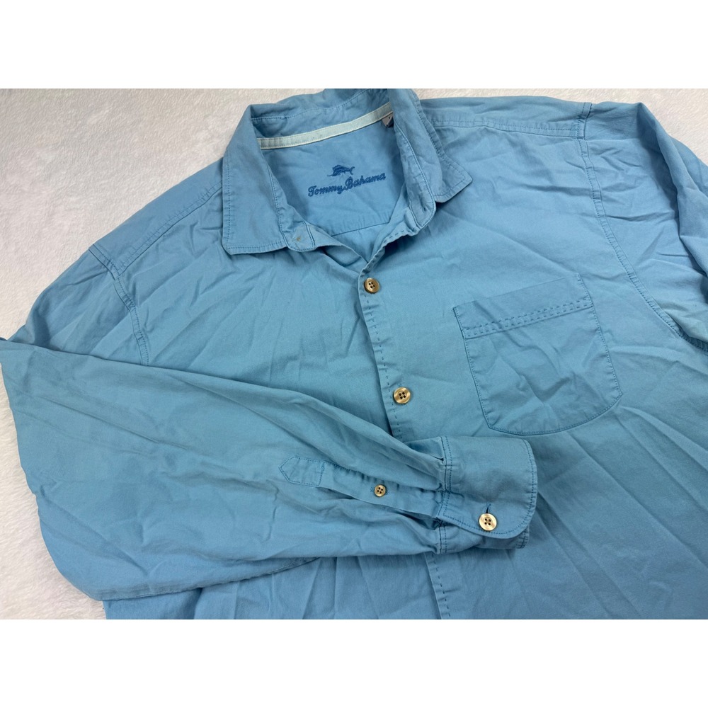 Tommy Bahama Mens Large Blue Silk Cotton Blend Long Sleeve Button Down Shirt